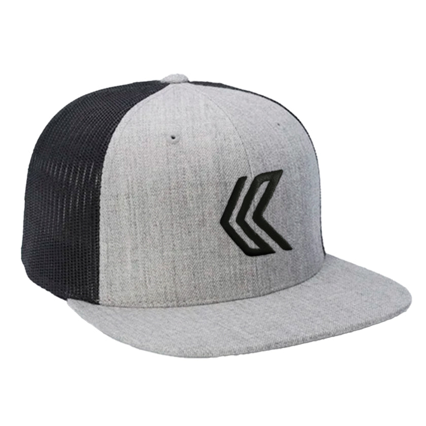Grey and black hat with embroidered K logo in black