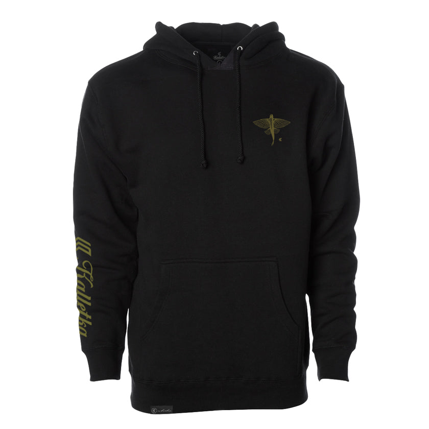 Black hoodie with a gold flying fish on the left chest and kalletka logo text on the sleeve against a white background