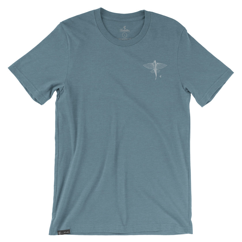 Blue t-shirt with a small white flying fish on left chest on a white background.