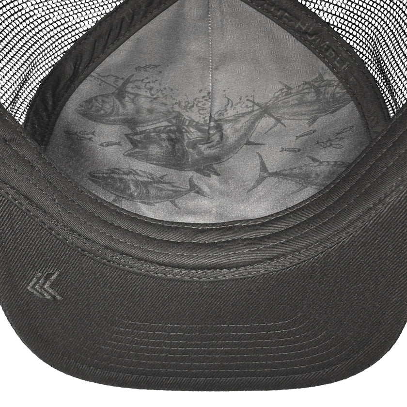 Tuna detail in black on inside of hat, also embroidered K bill logo