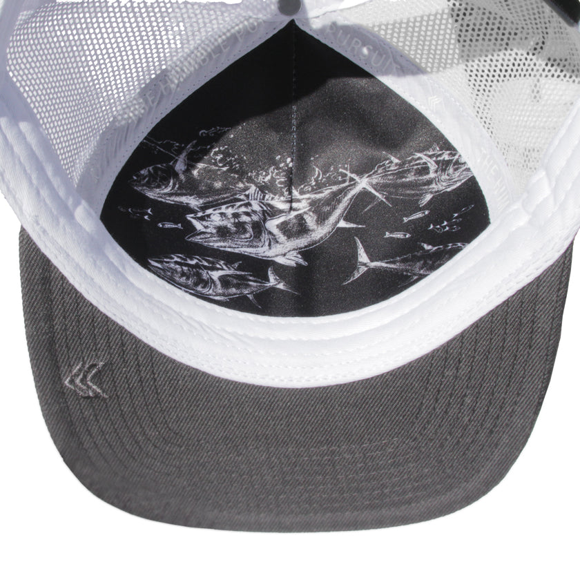 Tuna detail in white on inside of hat, also embroidered K bill logo