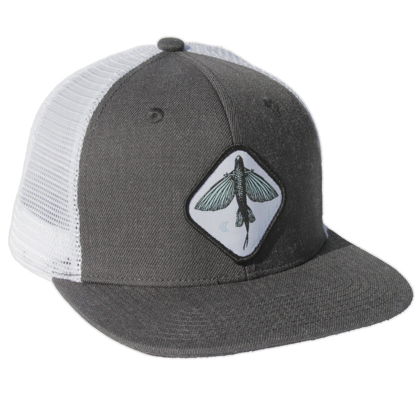 Gey and white meshback hat with flying fish patch. White patch with black merrow.