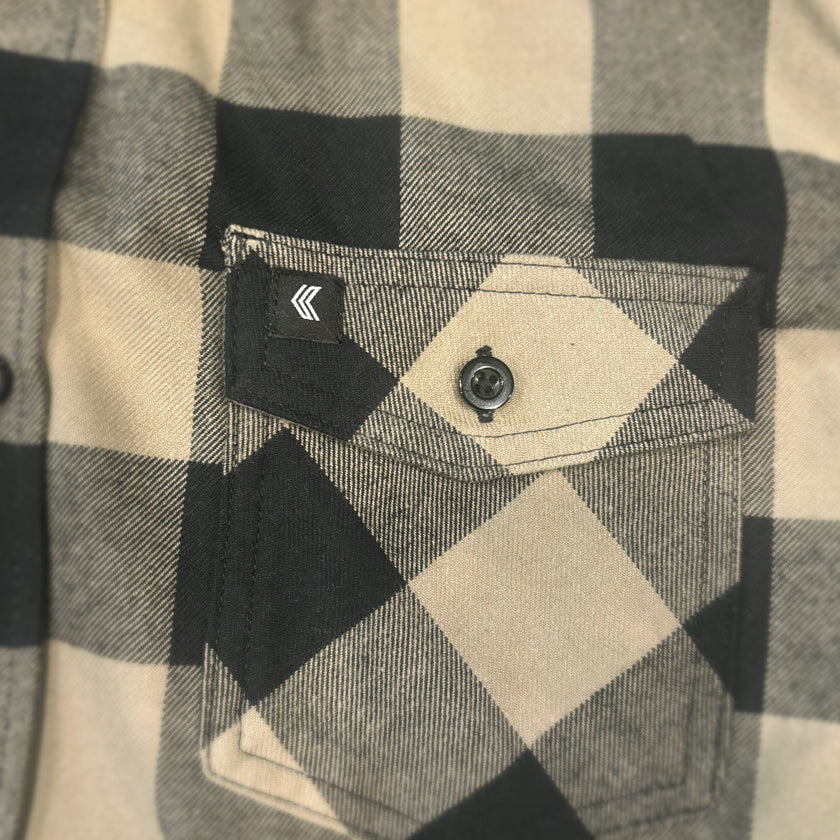 olive and black flannel pocket detail logo emblem