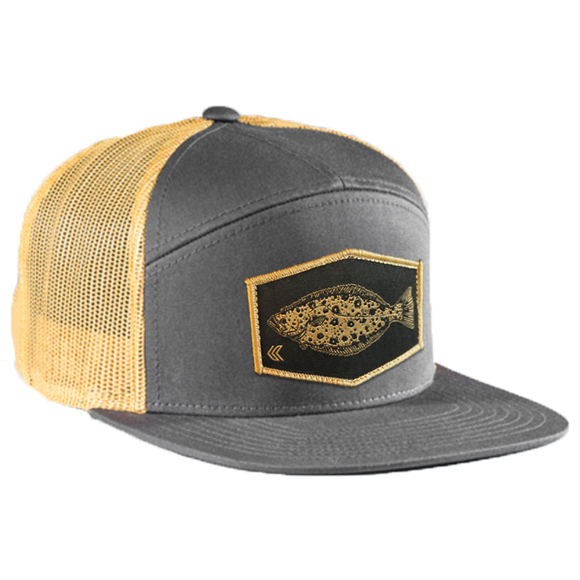 Halibut Patch Cotton 7 Panel Snapback - Grey/Gold-Tan Patch