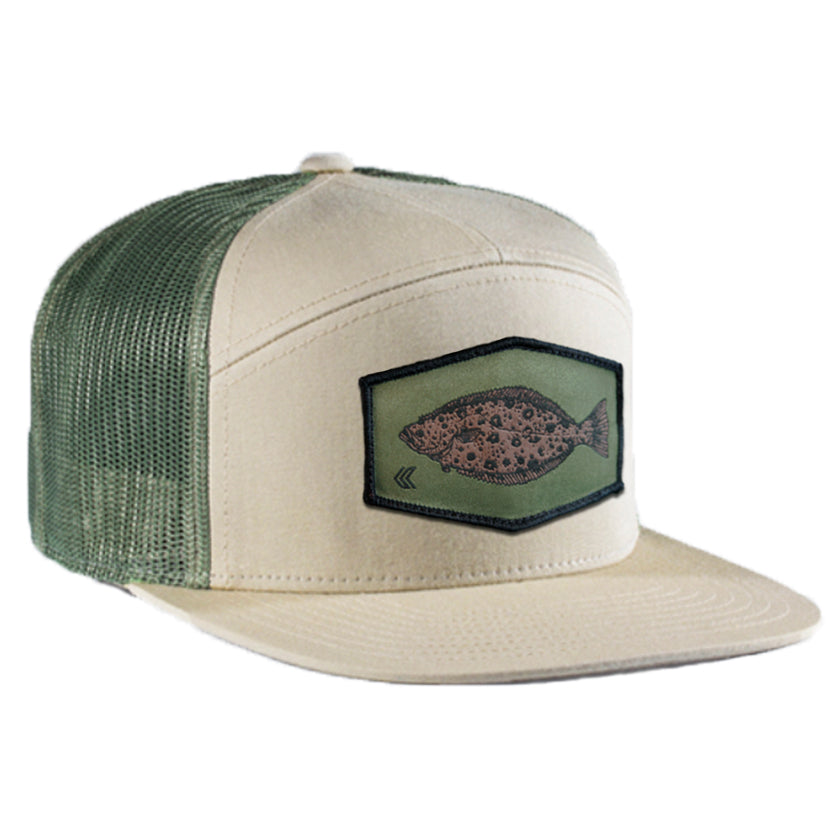 Halibut Patch Cotton 7 Panel Snapback - Tan/Green Patch