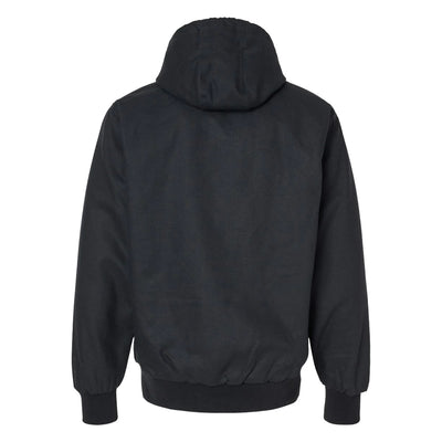 Back of black canvas work jacket