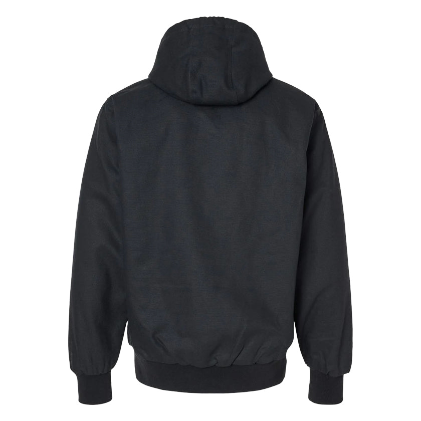 Back of black canvas work jacket