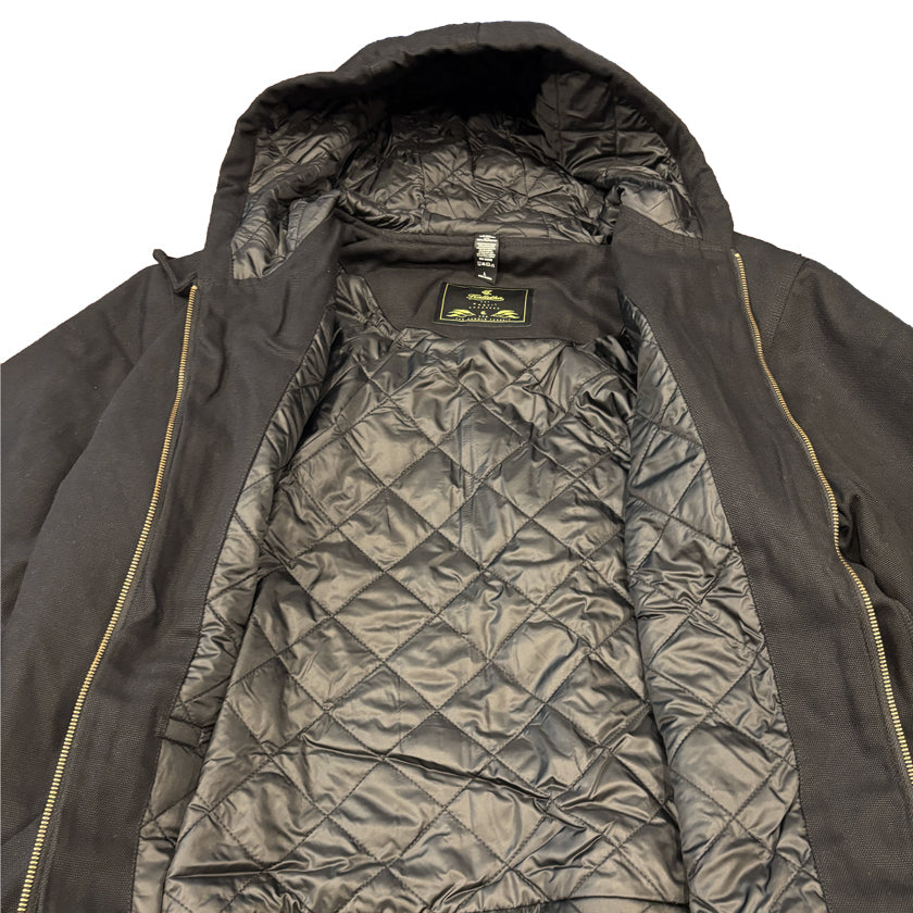 Inside of black canvas work jacket quilted texture