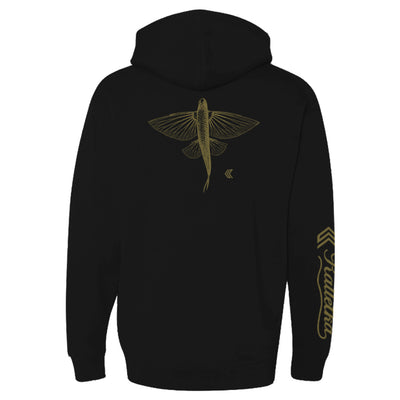 Black hoodie with gold Flying Fish design on the back and brand logo on sleeve, on a white background
