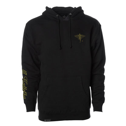 Black hoodie with a gold flying fish on the left chest and kalletka logo text on the sleeve against a white background