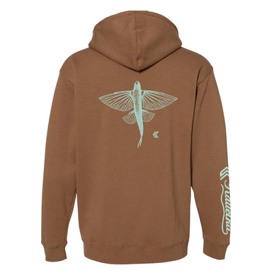 Brown hoodie with a fly design on the back and sleeve, on a white background