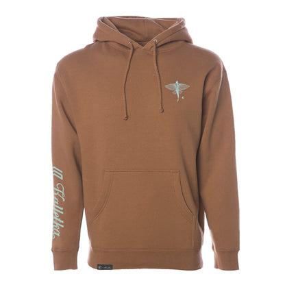 Brown hoodie with a logo on the chest and text on the sleeve against a white background