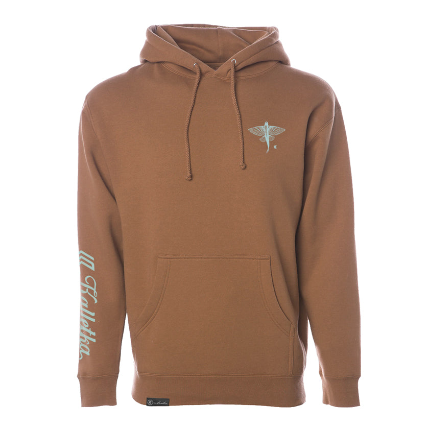 Brown hoodie with a logo on the chest and text on the sleeve against a white background