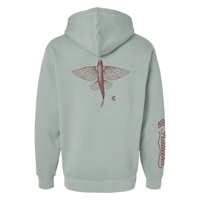 dusty sage  hoodie with Maroon flying fish design on the back and kalletka logo text on sleeve, on a white background