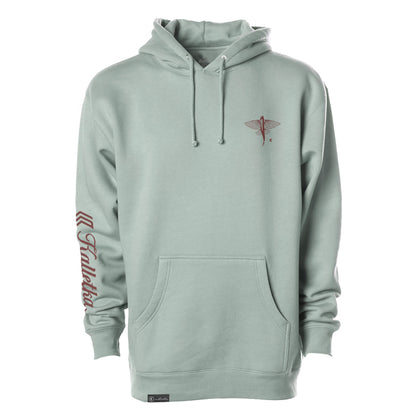 Dusty sage hoodie with maroon flying fish print on left chest and kalletka and logo text on sleeve against a white background