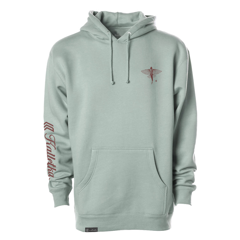 Dusty sage hoodie with maroon flying fish print on left chest and kalletka and logo text on sleeve against a white background