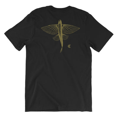 Black t-shirt with a gold flying fish design on the back against a white background