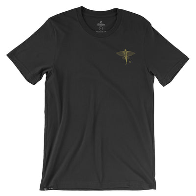 Black t-shirt with a small gold flying fish on the left chest against a white background