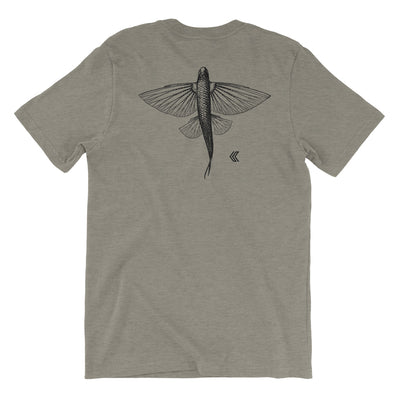 Gray t-shirt with a black flying fish design on the back against a white background
