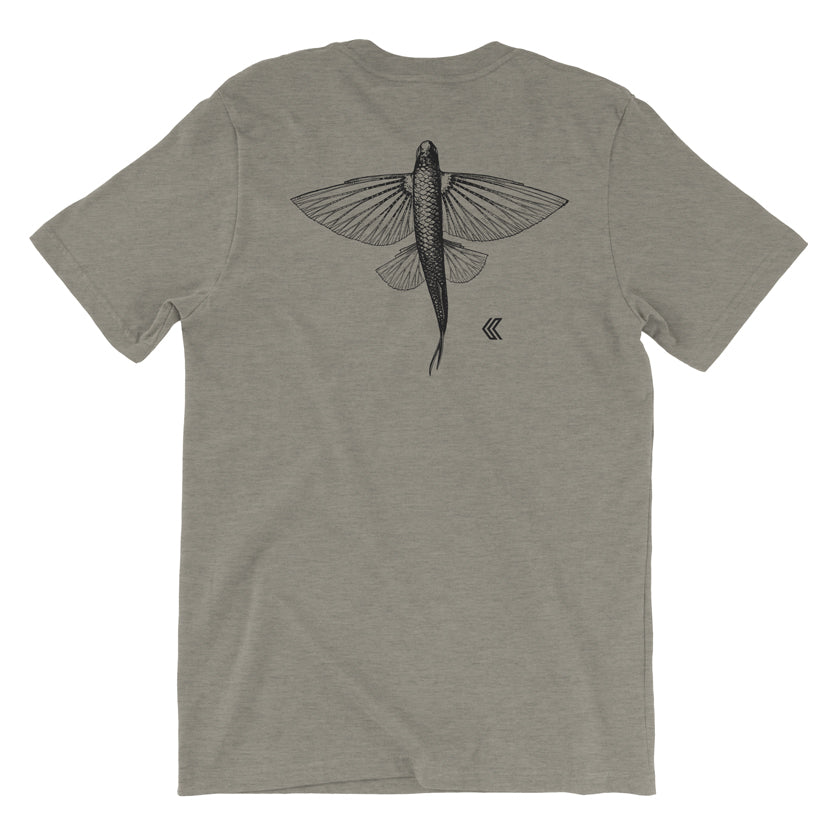 Gray t-shirt with a black flying fish design on the back against a white background