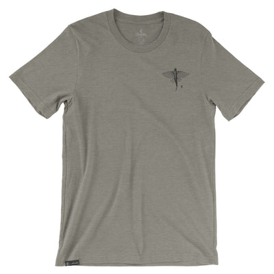 Gray t-shirt with a small black flying fish on left chest on a white background