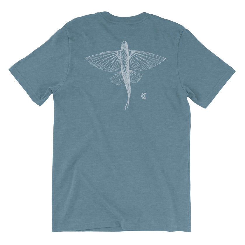 Blue t-shirt with a white flying fish design on the back against a white background