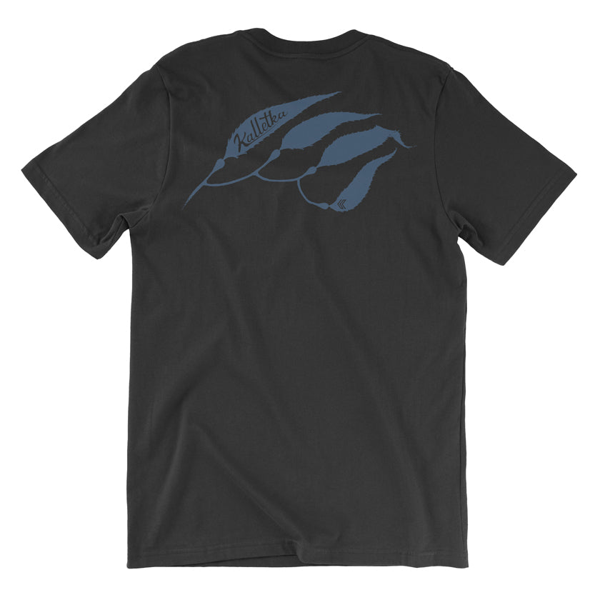 Black T with blue kelp print (back)