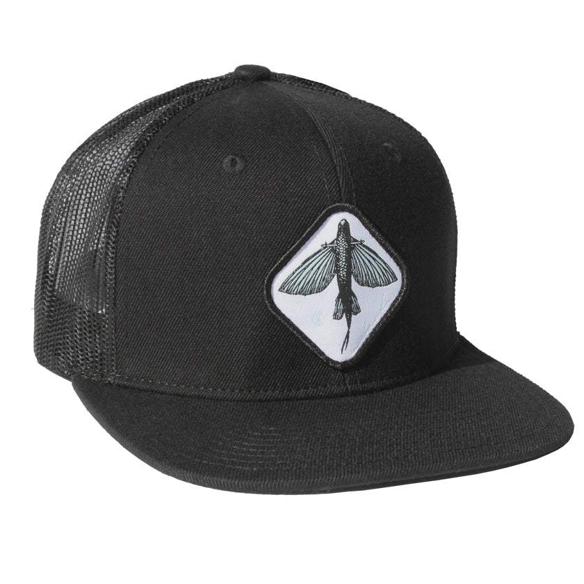Black Mesh back hat with flying fish patch, white with black patch merrow.