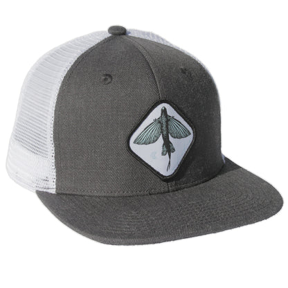 Gey and white meshback hat with flying fish patch. White patch with black merrow.