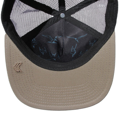 Taupe and Black Hat with Terns diving detail inside of hat. K logo bill embroidery. 