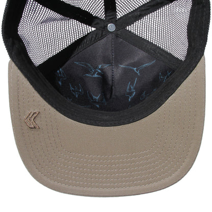Taupe and Black Hat with Terns diving detail inside of hat. K logo bill embroidery. 