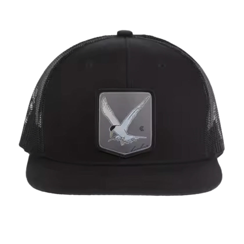Black trucker cap with a grey patch featuring a tern