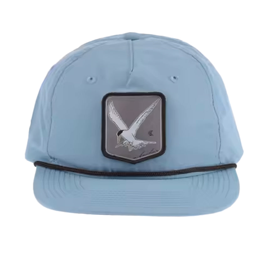 Blue hat with a grey patch featuring a tern