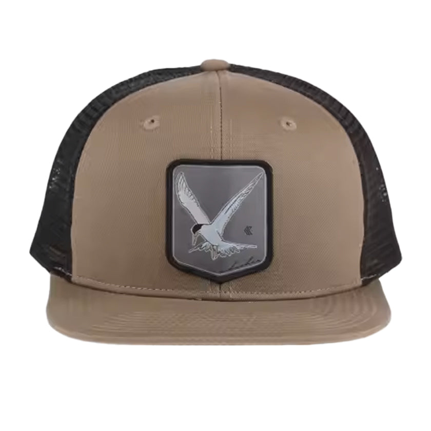 beige and black hat with a grey patch featuring a tern