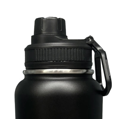 Black water bottle with cap and carabiner 
