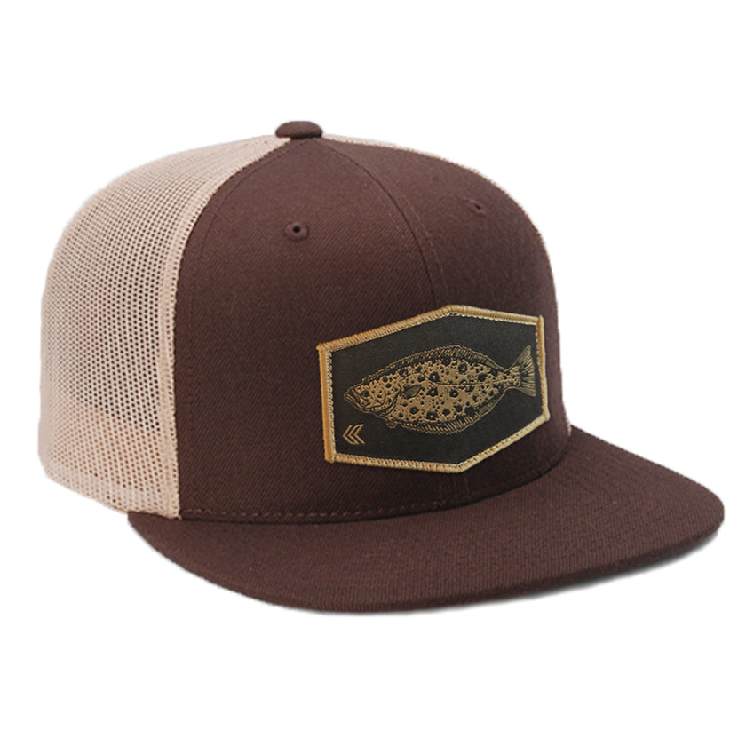 Trucker hats for men and women surfers, fishermen, divers featuring halibut  flatfish - Kalletka Undersea Co.